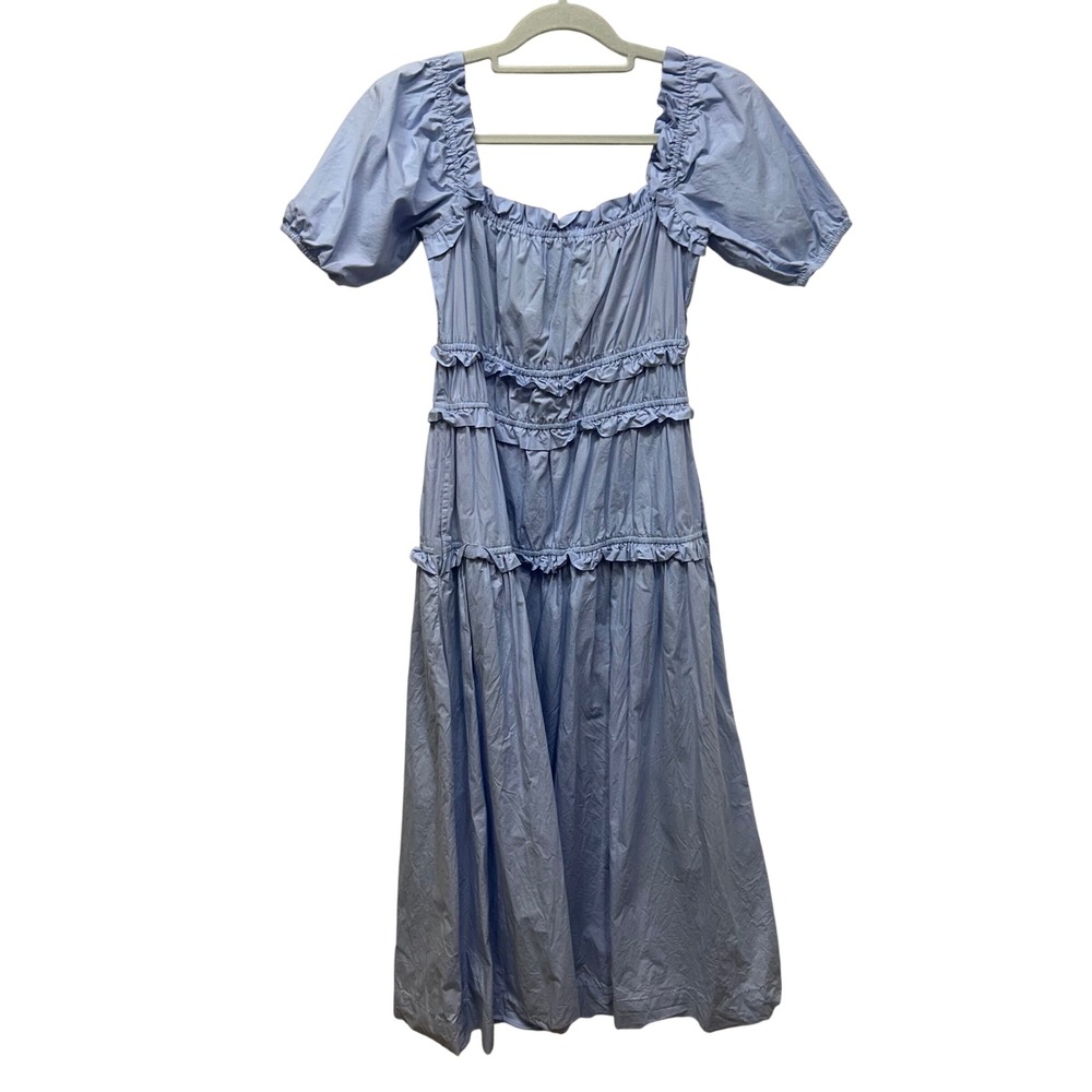 Staud Scott Ruffled Tiered Maxi Dress Light Blue Puff Sleeve XS cottagecore